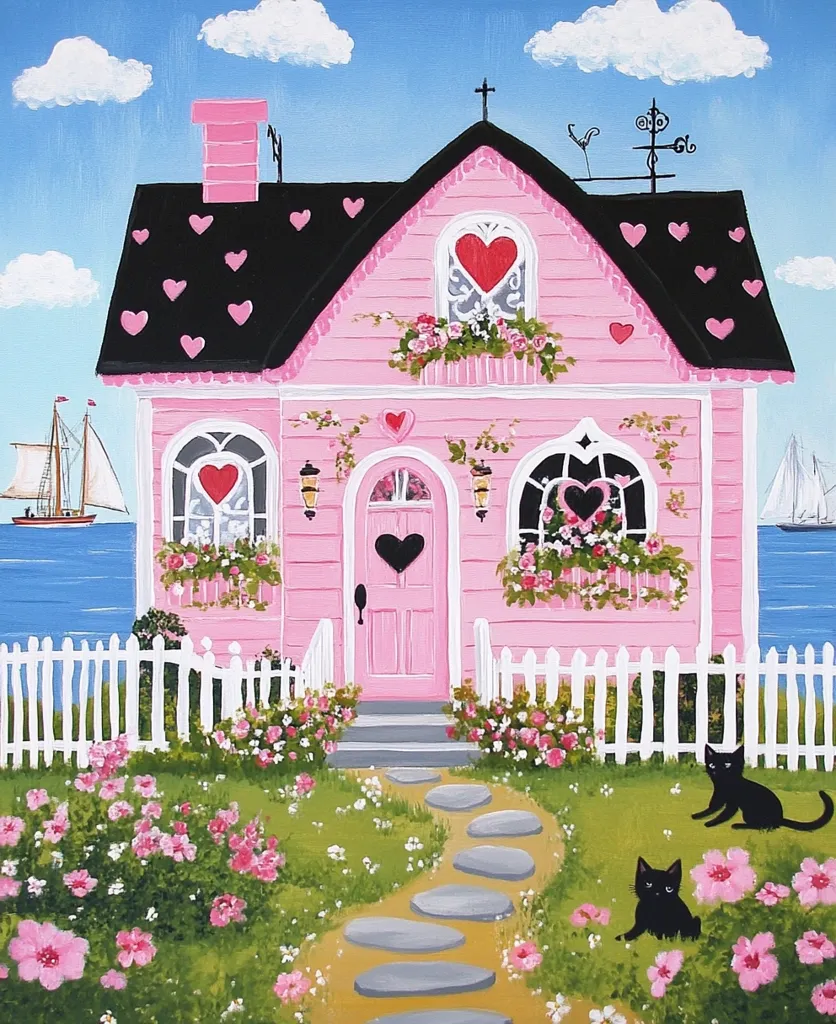 A charming pink cottage with a black roof adorned with hearts sits by the sea. The front door is a vibrant pink with a heart-shaped knocker.  The cottage is surrounded by a white picket fence and a lush green lawn with pink flowers. Two black cats sit on the grass in front of the cottage. The scene is painted in a whimsical style.
