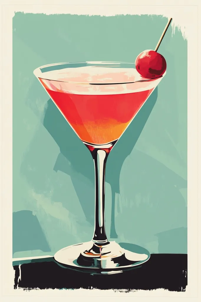 The image is a close-up of a martini glass filled with a bright pink cocktail. A single cherry sits on a stem protruding from the drink. The background is a blurred, pale green, creating a simple and elegant look. The glass sits on a black surface, adding contrast to the scene. The artwork is done in a stylized, graphic style, with bold lines and vibrant colors.  The image evokes a sense of sophistication and celebration.