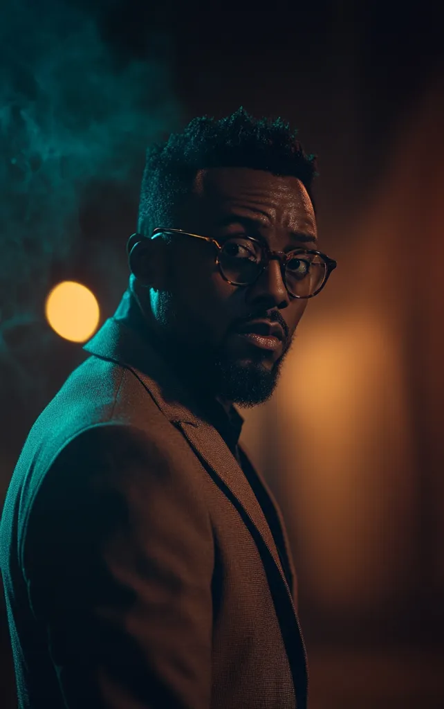 A man in a suit and glasses stares intently at the camera. The lighting is dim, casting a warm glow on his face and a cool blue hue on his background. He is shrouded in shadow, creating a mysterious and enigmatic atmosphere. The image evokes a sense of intrigue and suspense, leaving the viewer wondering about his story and intentions.