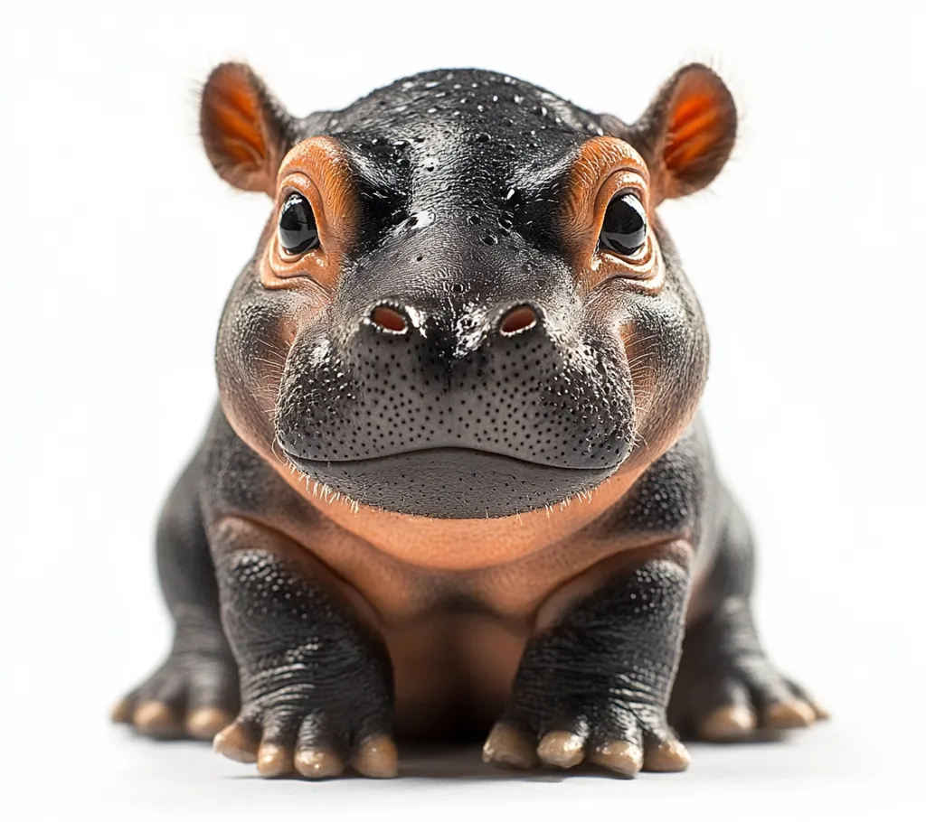 A baby hippopotamus sits facing the camera, with its large, dark eyes staring intently. Its body is mostly black, but its belly and face are a light brown. The hippo's large nostrils and thick lips give it an adorable, almost goofy expression. It looks small and cuddly, with short, stubby legs and a fluffy texture. The white background helps to highlight the hippo's features and make it appear even more cute.  The overall image is one of innocence and sweetness.