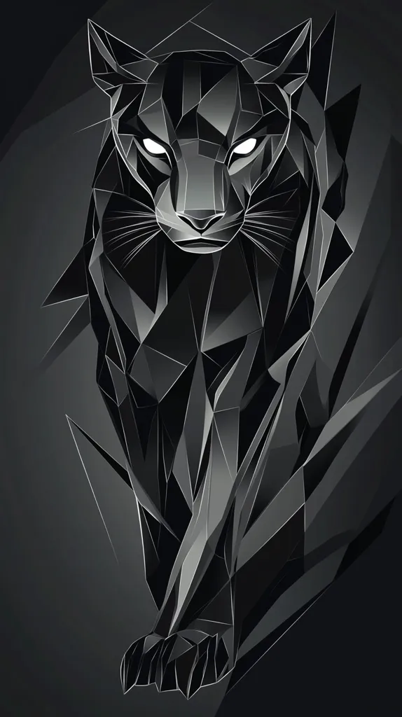 The image is a digital illustration of a black panther. The panther is depicted in a geometric style, with its body composed of sharp, angular shapes. It's standing with its head held high, and its piercing white eyes are visible. The image has a dark, shadowy background, which creates a sense of mystery and power. The overall effect is one of strength, elegance, and danger.