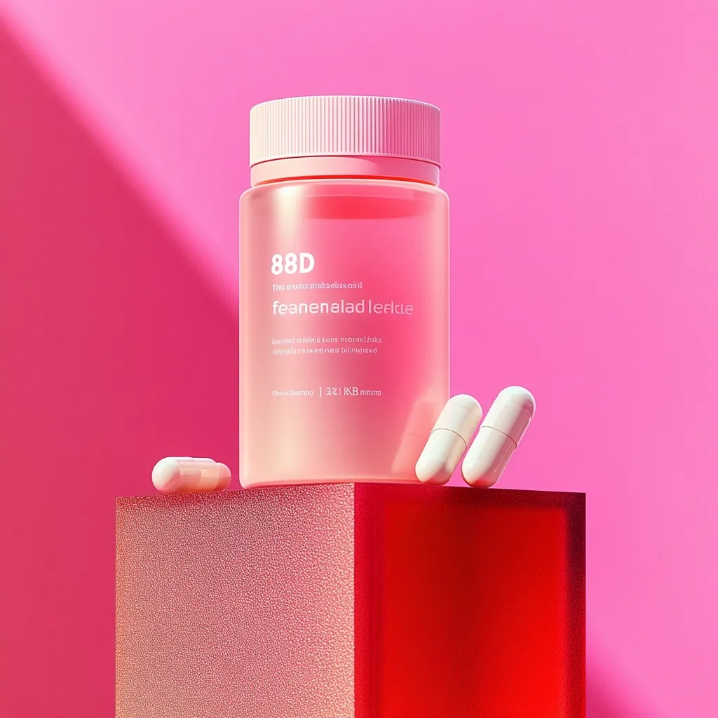 A pink bottle labeled "88D" with the words "feanenelad leedde" written on it, stands on a red cube.  Two white capsules lay in front of the bottle on the cube, with a pink background. The bottle is made of glass and has a pink lid.  The text on the bottle is in a simple font and is easy to read. The overall image is minimalist and modern.