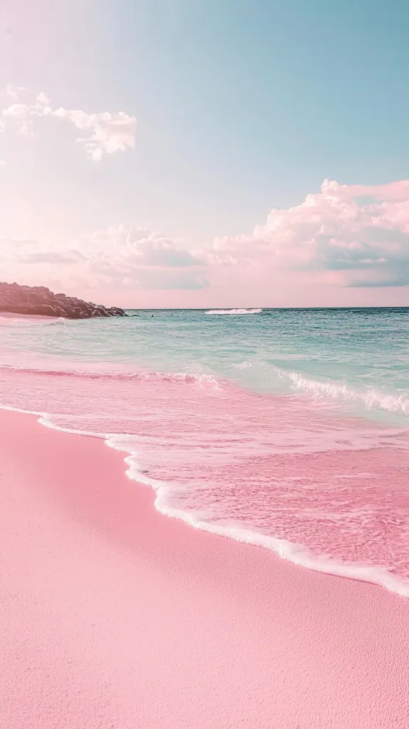 The image shows a beautiful pink sand beach with a gentle blue wave lapping at the shore.  The sky is a soft blue with wispy white clouds and the light is warm and inviting.  The beach is deserted, creating a serene and tranquil atmosphere. The overall scene is one of peace and beauty.
