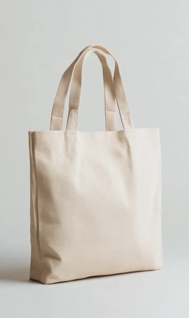 A plain, off-white canvas tote bag with two thick straps. It sits on a light grey background and has a simple, minimalist design. The bag appears to be empty and ready for use. The light color of the bag and its clean lines create a sense of simplicity and functionality.