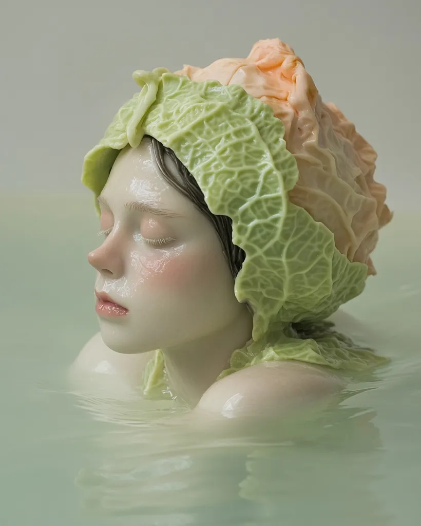 The image shows a woman with a cabbage leaf hat partially submerged in a bathtub. The woman's eyes are closed and she appears to be serene and relaxed. The hat is a large, leafy cabbage, with a peach-colored section at the top. The water in the tub is a light green color, reflecting the tones of the cabbage. The image has a surreal and dreamlike quality, suggesting a connection between nature and the human form.