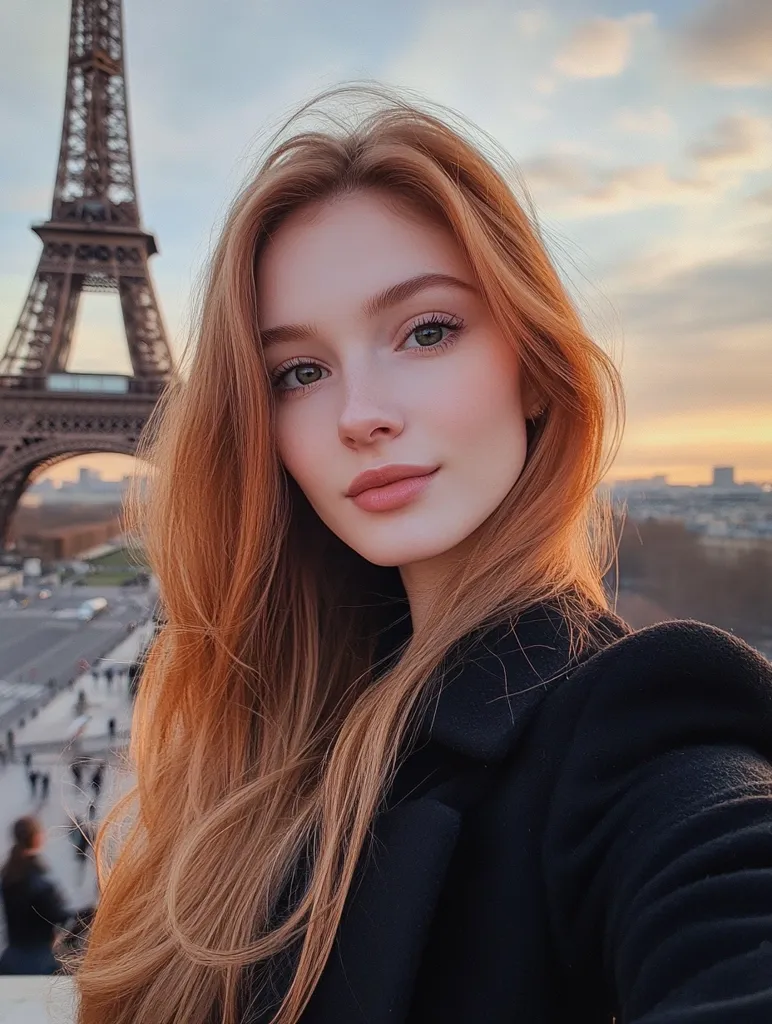 A young woman with long, flowing red hair is pictured against the backdrop of the Eiffel Tower in Paris.  She is looking directly at the camera with a subtle smile. Her light skin and striking green eyes create a beautiful contrast against her black jacket. The soft light of the setting sun bathes the scene in a warm glow.  The image captures a moment of effortless beauty and Parisian charm.