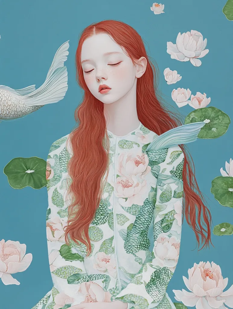 The image depicts a young woman with long red hair, wearing a white dress with a green and floral pattern. She has her eyes closed and appears to be in a state of peaceful contemplation. The background is a soft blue with scattered white flowers and lily pads. A white fish swims across the upper left corner, adding a sense of serenity and tranquility to the composition. The overall mood is one of calm and ethereal beauty.