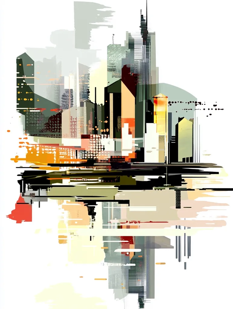 The image is an abstract depiction of a city skyline. The buildings are represented by geometric shapes and blocks of color, with a focus on the tall structures in the center. The cityscape is partially obscured by washes of color and overlapping layers, creating a sense of depth and movement. The background is a stark white, emphasizing the vibrancy of the cityscape.