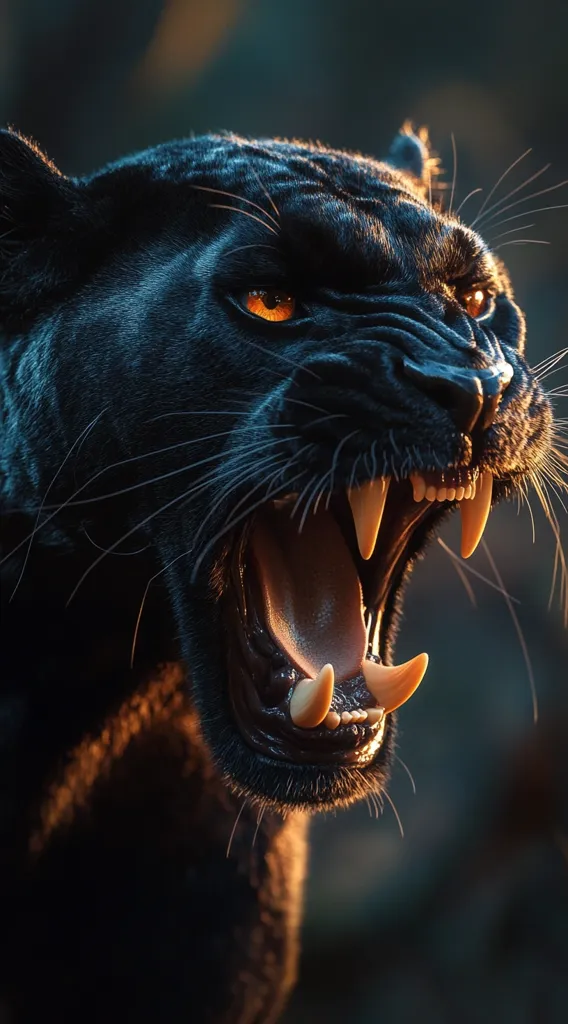 A black panther with piercing orange eyes, its mouth agape revealing sharp white teeth, growls intensely. The panther's dark fur blends with the shadowy background, highlighting the fierce expression on its face.  The image captures the raw power and untamed nature of this magnificent predator.