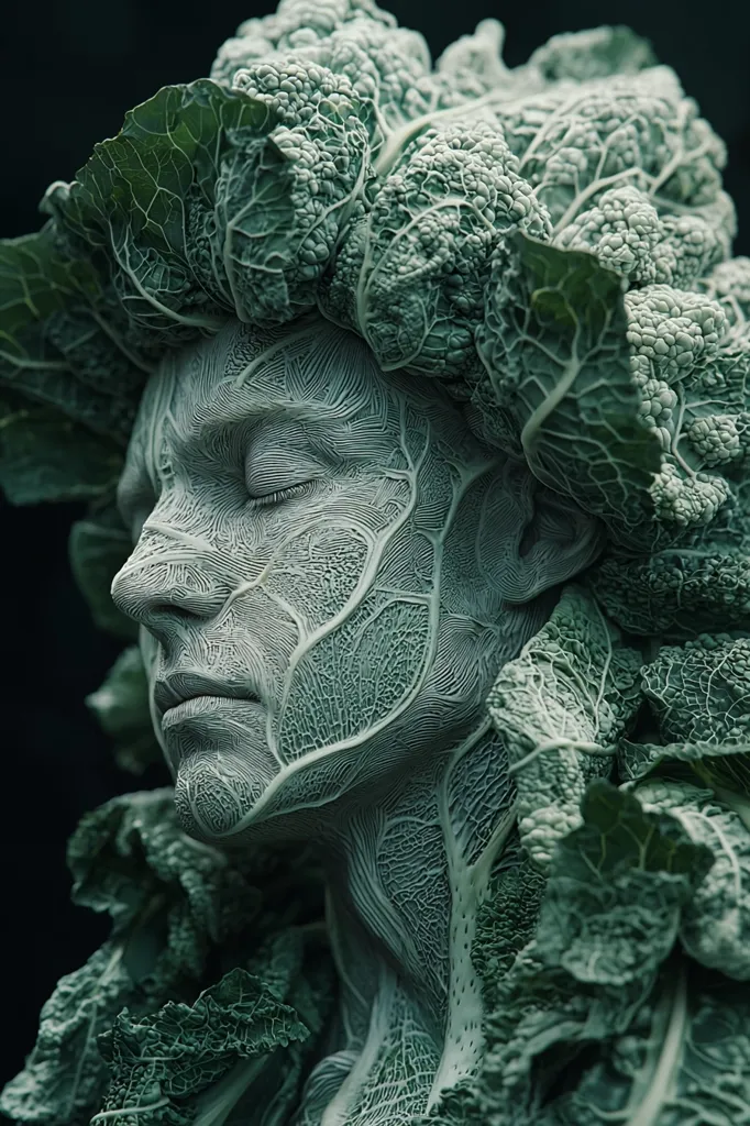 A close-up of a person's face, covered in textured green leaves. The leaves are arranged to resemble a crown,  and the person appears to be closing their eyes. The image has a dark background, creating a stark contrast with the green leaves. The lighting is soft and diffused, highlighting the intricate details of the leaves. The overall tone of the image is surreal and mysterious, evoking a sense of transformation or connection with nature.