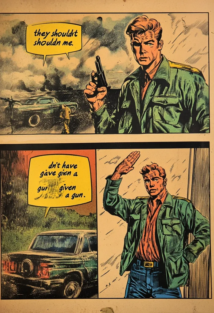 The comic book panel depicts a man in a green jacket, holding a gun in his right hand and looking stern. He is surrounded by a smoky cityscape. A thought bubble above his head reads, "they shouldn't shouldn't me." The second panel shows the man again, now in a different setting, saluting. A thought bubble above his head reads, "don't have gave given a gur given a gun." A car is visible in the background, adding to the scene's context. The overall impression is of a tense and dramatic situation.
