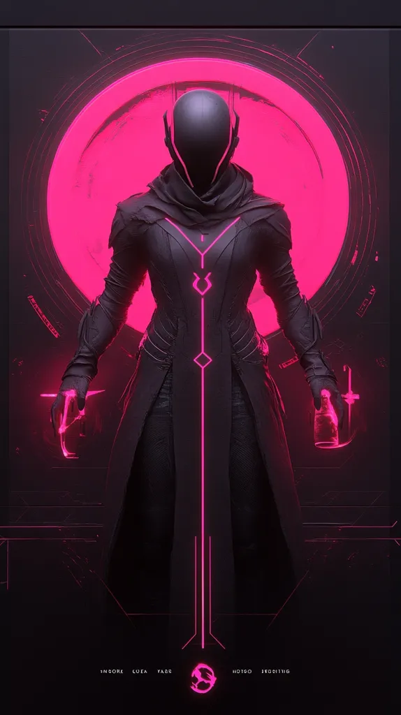 The image features a futuristic figure cloaked in black, standing against a dark background with a glowing pink circle behind them. They have a sleek, helmet-like head and are adorned with glowing pink lines. Their arms are outstretched, holding small glowing objects. The overall aesthetic is dark and mysterious, with a sense of power and technology.  The figure appears to be a warrior or a powerful entity from a science fiction setting.