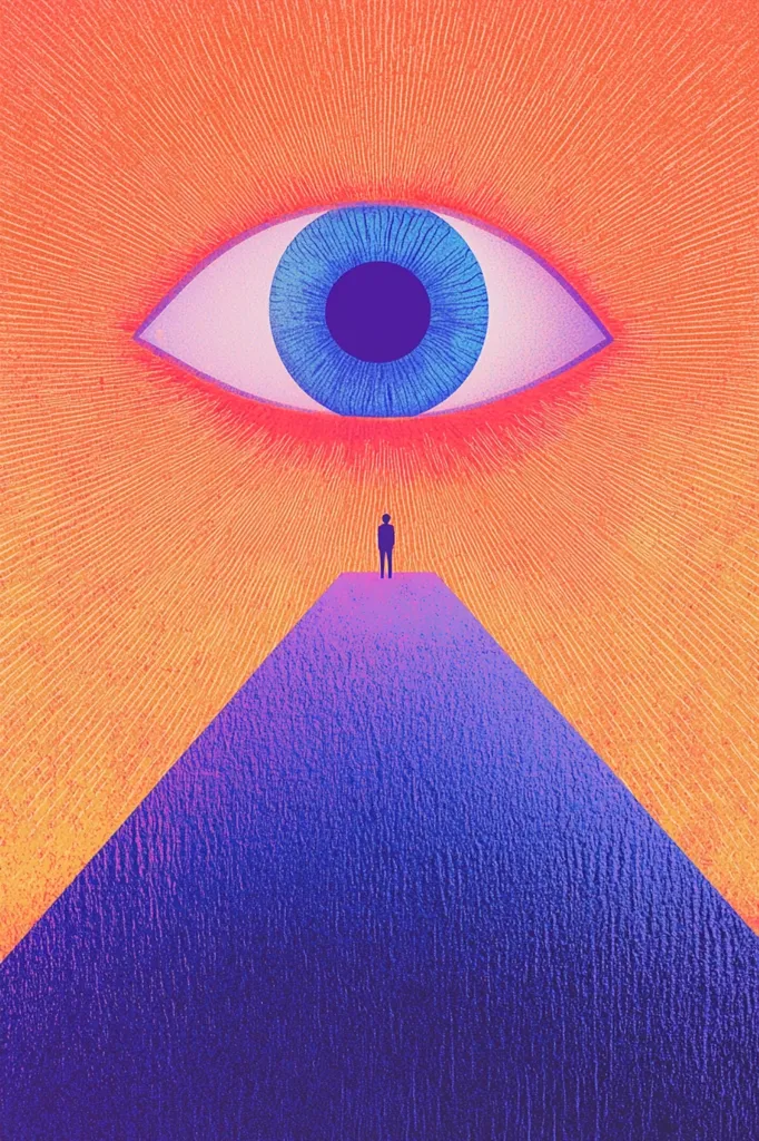 The image depicts a large, blue eye with a purple pupil, looking down at a lone, black figure standing on a purple triangle. The eye is set against a backdrop of an orange and red gradient, suggesting a celestial or cosmic setting. The image evokes a sense of awe, mystery, and perhaps even surveillance.