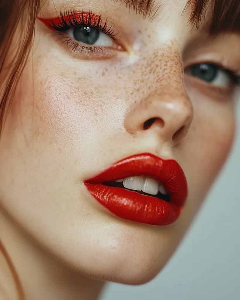 The image shows a close-up of a woman's face. Her skin is fair and dotted with freckles. Her eyes are a striking blue, lined with a bold red wing. Her full lips are painted in a bright red lipstick. The image emphasizes the beauty of natural features and the power of a strong makeup look.