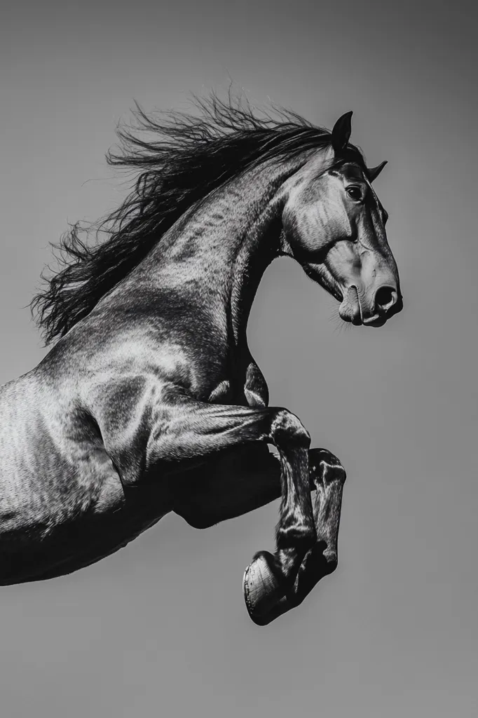 A black and white photograph of a horse mid-leap, captured in mid-air. The horse's powerful muscles are evident, its mane flowing behind it, and its focused expression conveys a sense of athleticism and grace. The background is a simple gray, allowing the horse to be the sole focus of the image.