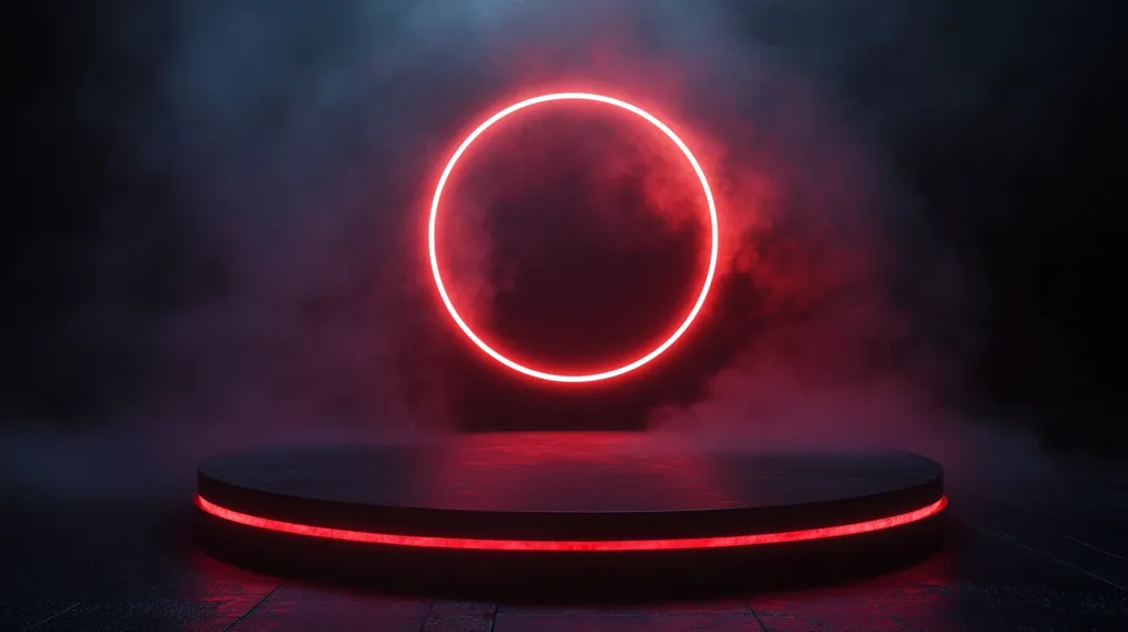 A circular platform is illuminated with red neon light. The platform is surrounded by a red neon circle, which appears to be floating in a smoky, dark environment. The red light casts a soft glow on the platform and the surrounding area.  The image has a futuristic and atmospheric quality, possibly representing a stage or a display area for a product or performance.