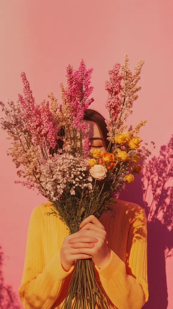 A person in a yellow sweater holds a bouquet of pink, white, and yellow flowers in front of their face. The background is a light pink color. The flowers are mostly out of focus, and the person's face is obscured by the blooms. The light is soft and warm, giving the image a romantic and dreamy feel. The image is shot in a vertical format, and the composition is simple and elegant.  The flowers are arranged in a way that creates a sense of movement and flow. The overall effect is one of beauty and tranquility.