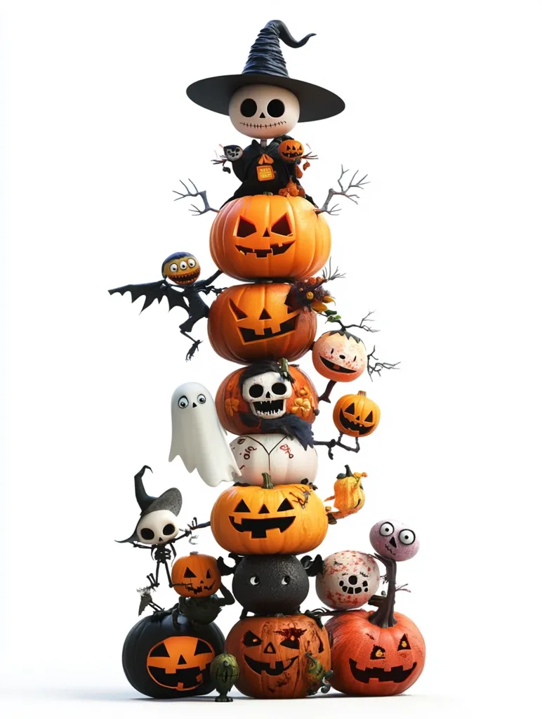 A stack of jack-o'-lanterns, some with spooky faces and others with friendly grins, are piled high with a skeletal figure in a witch's hat at the top.  A ghost floats beside the pumpkins and a variety of other spooky creatures are scattered throughout the tower. This whimsical image is full of Halloween charm.