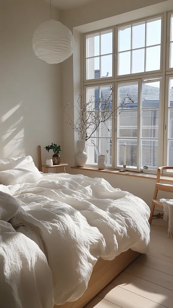 A bedroom with a large window, a bed with white linen sheets, a wooden side table and a white lamp hanging from the ceiling. Sunlight streams through the window, casting warm shadows on the bed. The room has a minimalist and serene aesthetic.