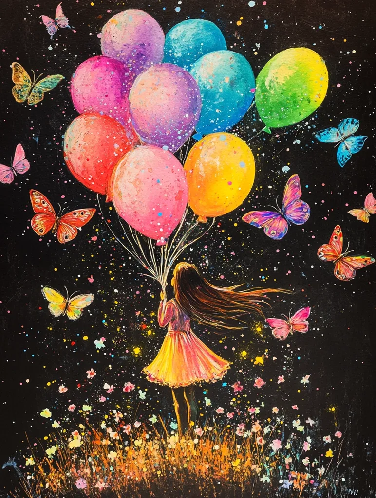 A young girl with long brown hair, wearing a yellow and pink dress, stands in a field of colorful flowers. She is holding a bunch of balloons, which are all different colors and shapes.  The background is a dark blue sky with many colorful butterflies and a scattering of white stars. The painting is full of vibrant colors and a sense of joy.