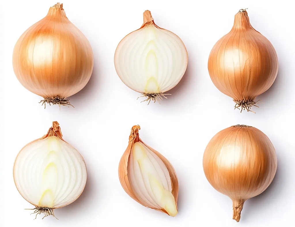 Six brown onions are arranged on a white background. Two of the onions are whole, with their skins intact. The other four onions are cut in half, revealing their white, layered interiors. The onions are arranged in a symmetrical pattern, with two whole onions at the top and two cut onions at the bottom, and two more cut onions in the middle. The image is a simple and effective way to showcase the beauty of onions.