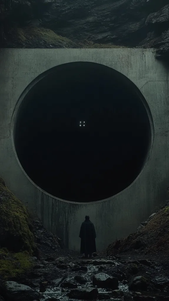 A lone figure stands in front of a large, circular opening in a concrete wall. The opening is dark and mysterious, with only a few faint lights visible in the distance. The figure is cloaked in shadow, and their face is obscured. The scene is dark and brooding, with a sense of mystery and foreboding. A small stream flows in the foreground.