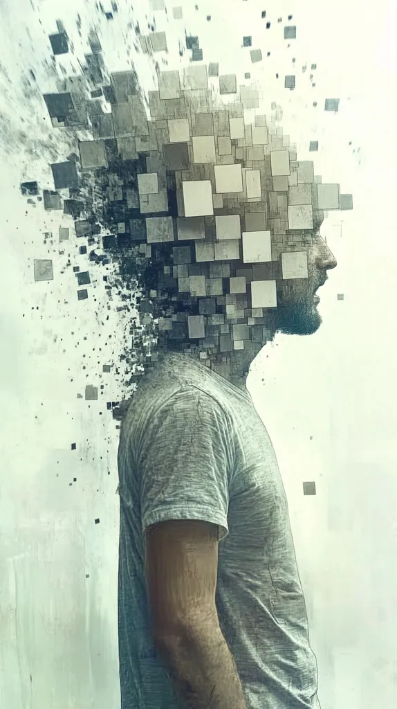 A man in a grey t-shirt stands facing to the right. His head is a collection of abstract squares and shapes, some are fading away, suggesting that he is losing his mind or being overcome by technology. The background is a light grey.