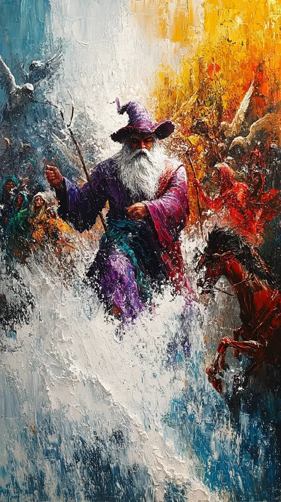 The painting depicts a wizard riding a horse through a raging torrent. He is dressed in purple robes and a pointed hat, and his long white beard flows in the wind. The water is churning and white, and the background is a blur of color and light. The scene is dramatic and chaotic, suggesting a moment of great power and upheaval.