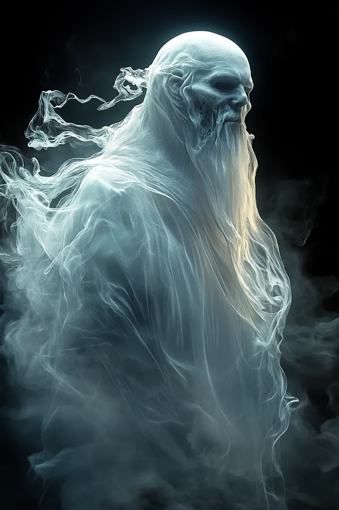 The image depicts a ghostly figure, shrouded in a swirling mist of ethereal white light. The figure's face is partially visible, revealing a skeletal visage with deep-set eyes and a long, flowing beard. The ghostly form is surrounded by a dark, ominous background, suggesting a sense of mystery and the unknown. The image evokes a feeling of otherworldliness and the presence of something beyond the realm of the living.