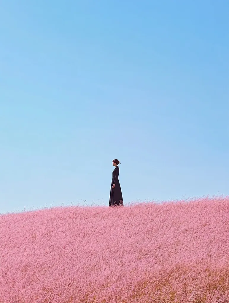 A lone woman in a black dress stands on a hilltop, facing away from the viewer. She is silhouetted against a vast expanse of soft pink grass, stretching out to the horizon. The sky above is a clear, pale blue. The image is simple, yet evocative, conveying a sense of solitude and introspection.
