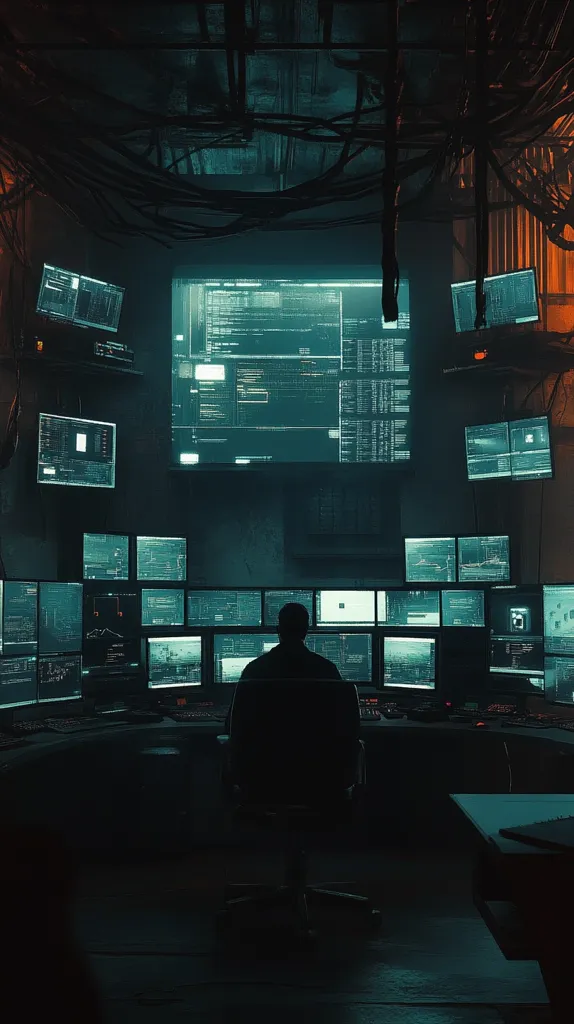 A lone figure sits in a dimly lit room, surrounded by multiple computer monitors displaying lines of code and data.  The dark room is illuminated by the green glow emanating from the screens, creating a sense of mystery and tension. The image captures the atmosphere of a hacker's workspace, highlighting the intensity and focus required for such a task.  The figure's silhouette is obscured by the darkness, adding to the enigma of their identity and purpose. The intricate web of cables hanging from the ceiling above further contributes to the feeling of complexity and secrecy within the room.