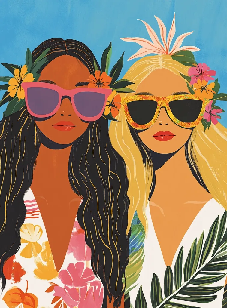 Two women with long hair, one blonde and one with dark brown hair, are wearing colorful sunglasses and flower crowns. The blonde woman has a white dress with green leaves around her, and the dark haired woman has a white dress with floral print. The background is a bright blue.  The women are looking straight ahead. The illustration is stylized and colorful.