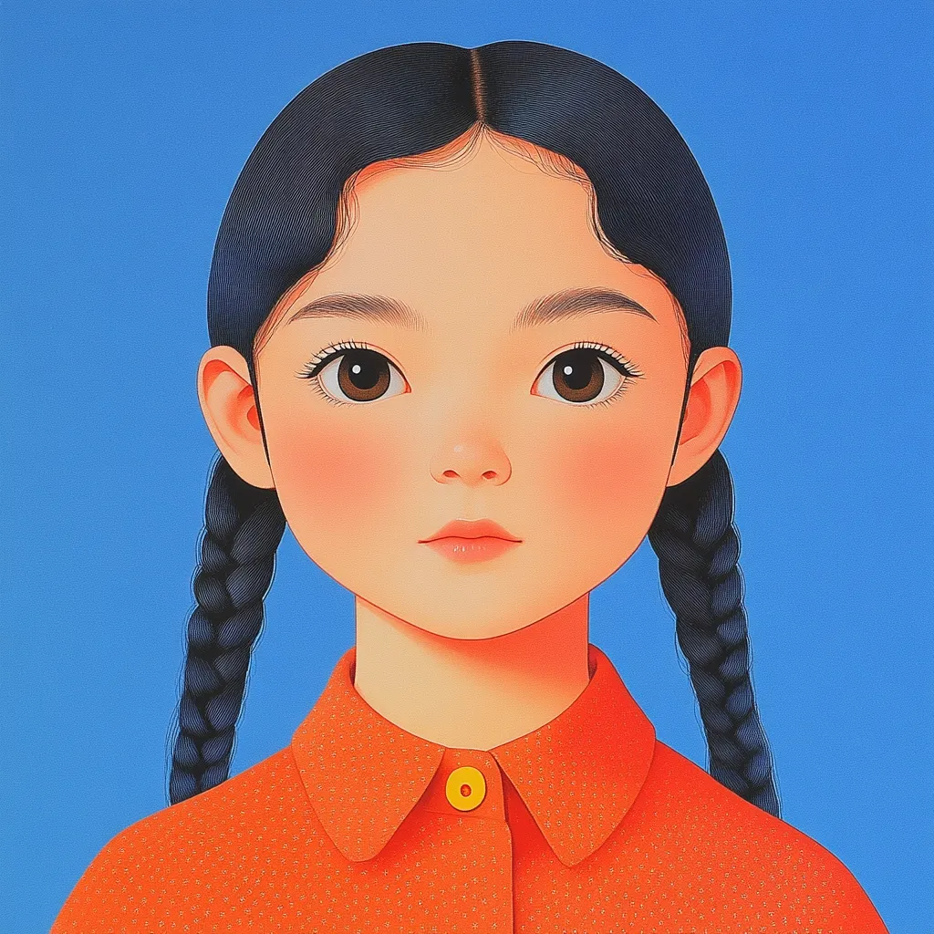 The image depicts a young girl with long black braids, wearing a bright orange collared shirt with a yellow button. Her face is rendered with a realistic style, featuring large, expressive eyes and a hint of blush on her cheeks.  She has a serious expression, looking directly at the viewer against a solid blue background.