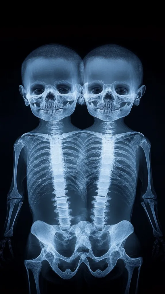 The image shows an X-ray of conjoined twins. Their skeletons are visible, including their skulls, spines, ribs, and pelvic bones. The twins are facing forward and their heads are tilted slightly towards each other. The image is likely taken for medical purposes to diagnose or monitor the twins' condition.