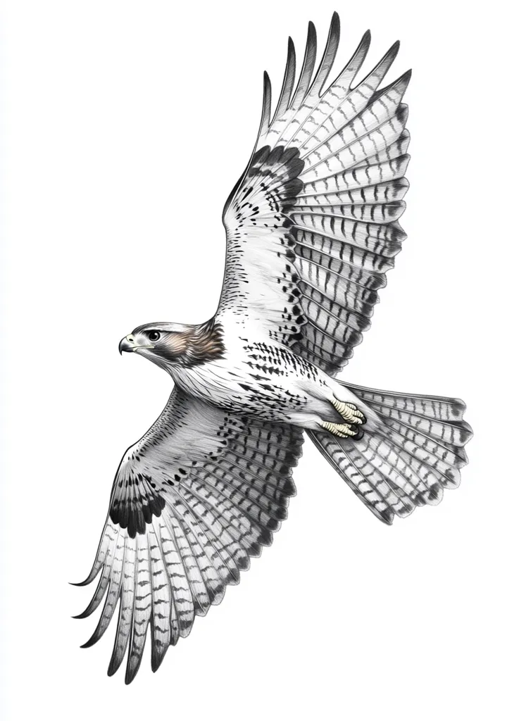 A detailed black and white drawing of a hawk in flight, with its wings spread wide. The hawk's feathers are meticulously drawn, showing the intricate patterns and textures. The bird's sharp eyes and talons are visible, giving a sense of power and grace. The hawk appears to be soaring through the air, its wings cutting through the wind. The simple background highlights the hawk's beauty and majesty.