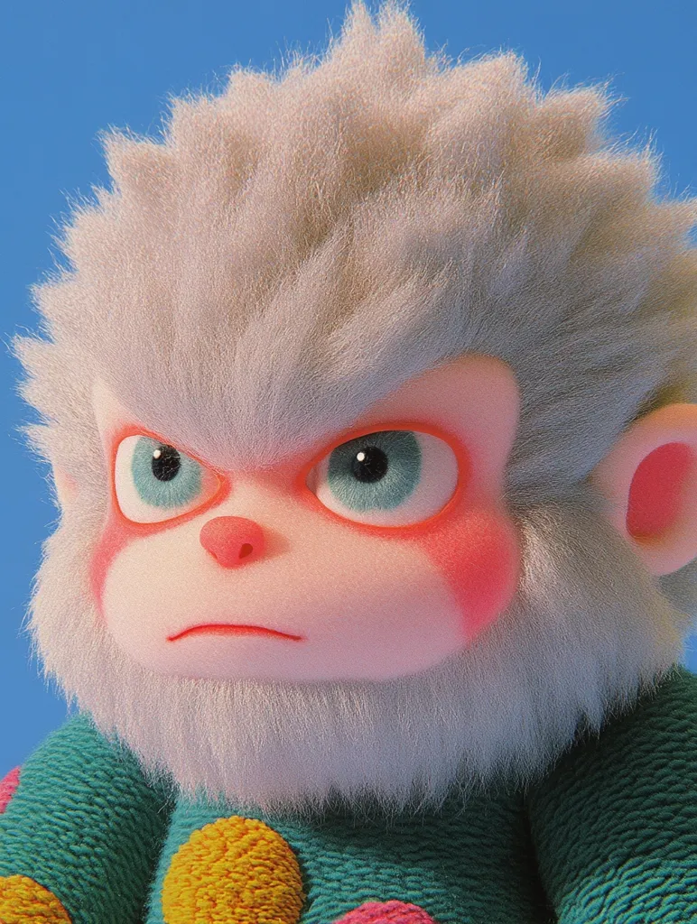 The image shows a close-up of a furry, cartoon monkey with a serious expression.  It has white fur and pink cheeks.  The monkey's eyes are wide and blue, and its mouth is slightly open.  It is wearing a blue and green sweater with yellow and pink polka dots.  The background is a light blue.  The image is brightly colored and has a soft, cuddly look.