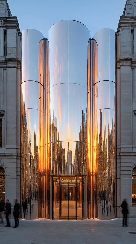 A modern building with a reflective facade stands between two older buildings. The facade is composed of large, curved panels of glass that reflect the surrounding cityscape. The glass is tinted a warm gold, and it catches the light of the setting sun. The reflection creates a mesmerizing effect, making it difficult to discern where the building ends and the city begins. The entrance is a large set of glass doors, leading into a spacious interior.