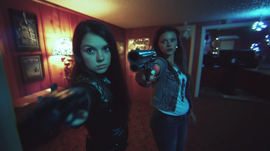 Two young women stand in a dimly lit room, holding guns. The woman on the left is in focus, her eyes intense and her face determined. The woman on the right is blurred, but her serious expression is visible. The room is cluttered with furniture and there are several framed pictures on the wall. The lighting is dark and atmospheric, adding to the sense of danger.