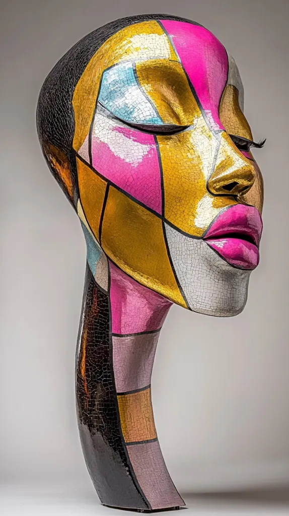 The image depicts a ceramic sculpture of a woman's head and neck. The sculpture is painted in a geometric style with bold colors, including pink, gold, and black. The woman's eyes are closed, and her lips are painted a vibrant pink. The neck of the sculpture is long and curved, and the surface is textured with a crackle glaze. The sculpture is positioned on a white background. The piece is a striking example of contemporary art.