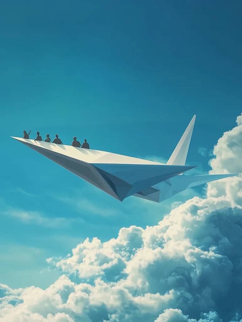 A white origami plane with a group of people sitting on it, flies through a bright blue sky filled with fluffy white clouds. The plane is designed with angular folds, adding a unique geometric touch. The bright sky and fluffy clouds create a sense of freedom and wonder.  The image is likely a metaphor for the power of imagination and the ability to soar above challenges.
