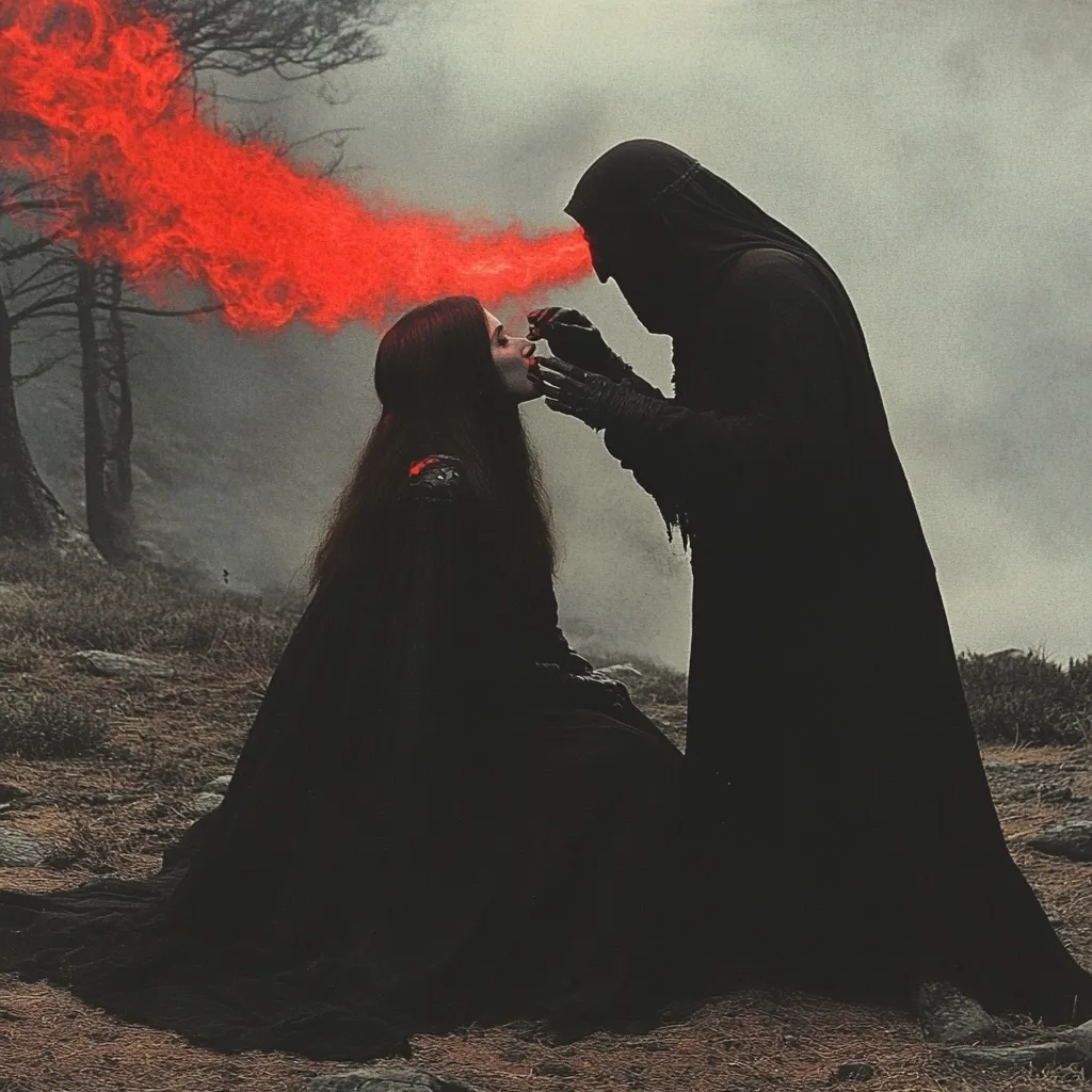 The image depicts a hooded figure in black robes holding a glowing orb, with a stream of red light emanating from it, directed at a woman in a black dress. The woman's eyes are closed, suggesting a ritual or magical act. The background is a dark, misty forest, adding to the eerie and mystical atmosphere. The image evokes a sense of mystery and the unknown, with the figures shrouded in shadows and the red light casting a haunting glow.