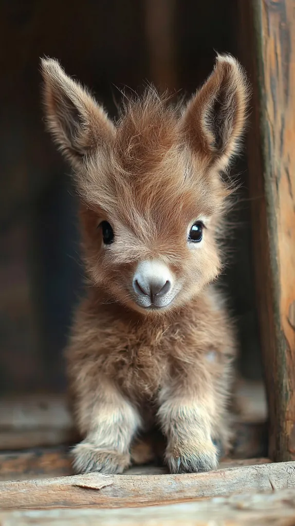 A fluffy, brown baby goat sits on a wooden platform. It has large, dark eyes and a small, black nose. Its fur is soft and appears to be very young. The goat is looking directly at the camera with a curious expression. The background is out of focus and appears to be a wooden structure.  The image is a close-up shot of the goat's face and front paws.