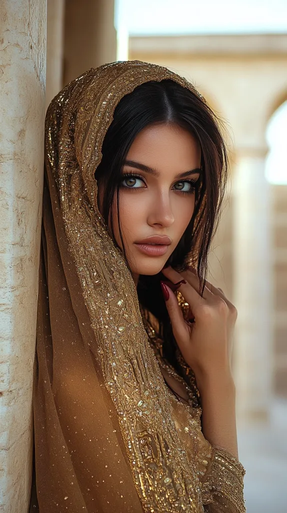 A woman with long dark hair is wearing a gold and brown beaded shawl over her head and shoulders. She has a soft, warm look in her eyes, as if she's looking at something or someone she loves. The shawl is elaborate and elegant, and her makeup is subtle and beautiful. She has a graceful, almost mysterious look about her. The background is blurred, suggesting a sense of intimacy and quiet reflection.