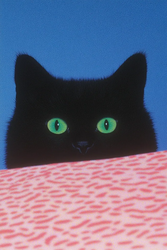 The image depicts a black cat with bright green eyes peering over a pink and white patterned surface. The cat's fur is sleek and black, and its eyes are wide and alert. The background is a solid blue color. The cat appears to be looking at something off-camera, creating a sense of mystery and curiosity.