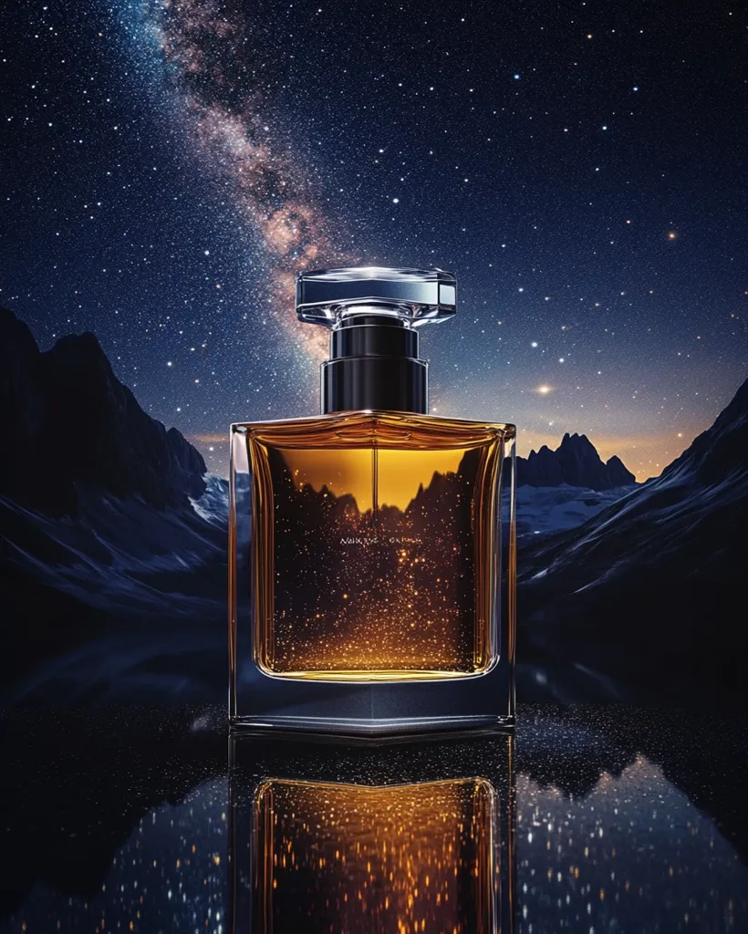A bottle of perfume with a silver cap stands in the foreground of the image. It's filled with a golden liquid, and has a faint sparkle that seems to reflect the milky way in the sky behind it. The perfume is situated in a landscape of mountains, with a dark, starry night sky above.  The image creates a sense of luxury and wonder.