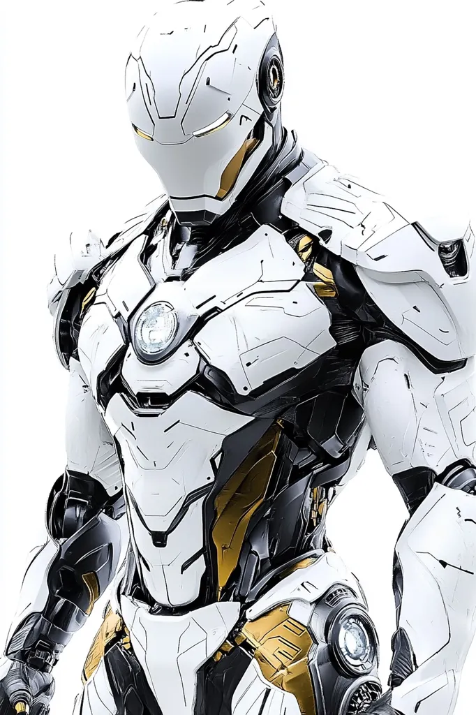 A white and gold robotic suit stands against a white background. The suit has a sleek, futuristic design with sharp edges and intricate details. The chest plate features a large, circular light, and the shoulders have large, angled plates. The suit has a metallic shine and appears to be highly advanced. The robotic suit is a representation of a powerful and advanced technology.
