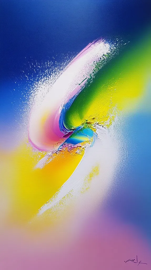 The abstract painting features a swirling, dynamic composition of bright colors. A large white stroke dominates the center, partially obscured by vibrant pink, yellow, green, and blue hues. The background transitions from a deep blue at the top to a soft pink at the bottom, adding depth and contrast. The artist's signature appears in the lower right corner, completing the artwork. The overall effect is one of energy and motion, with the bold colors and expressive brushstrokes creating a sense of vibrancy and life.
