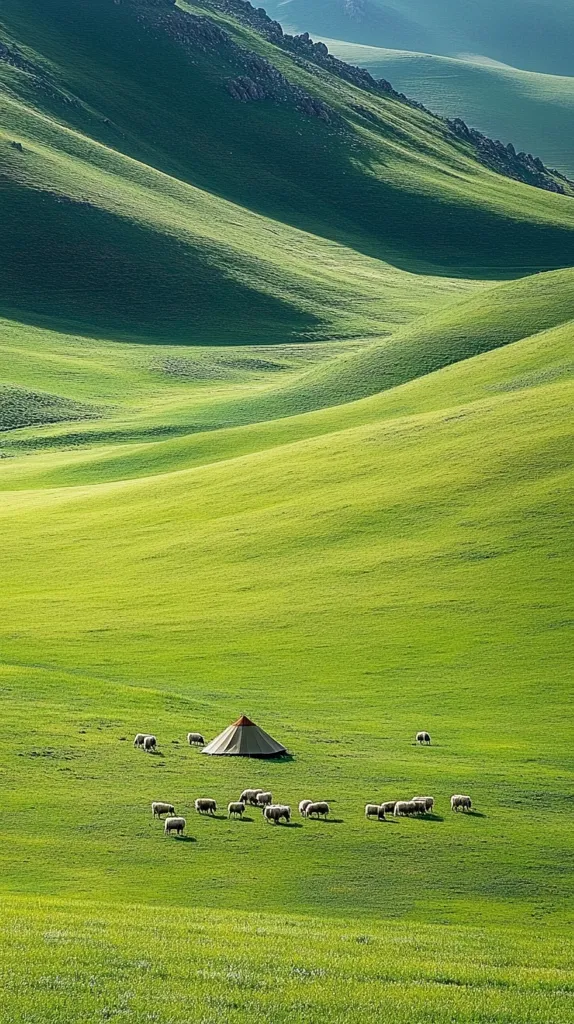 The image showcases a serene landscape of rolling green hills. In the foreground, a small flock of sheep graze peacefully on the lush grass. A single tent sits in the middle ground, providing a sense of solitude and a place of refuge in the vast expanse of nature. The image evokes a feeling of tranquility and the beauty of simplicity.