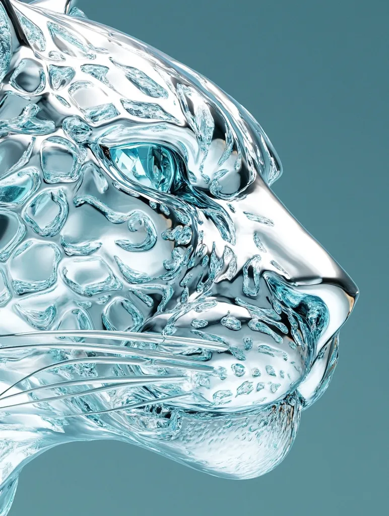 The image shows a close-up of a  glass sculpture of a snow leopard's head. The sculpture is made of clear glass with a frosted, icy effect.  The leopard's eye is a vibrant blue, reflecting the light. The sculpture is set against a soft blue background.