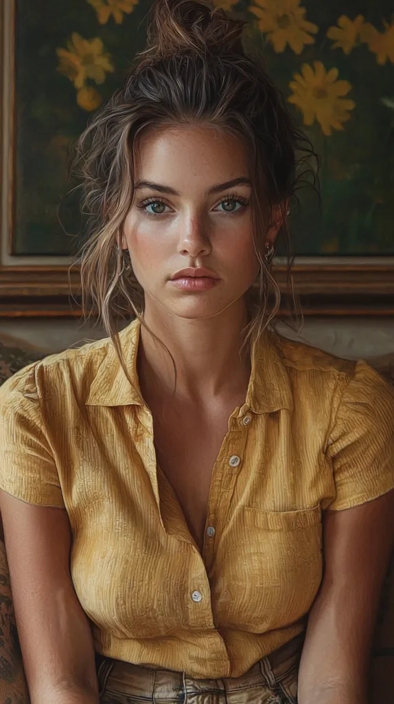 A young woman with long brown hair, styled in a bun, is wearing a yellow button-down shirt and looking directly at the camera. She has a neutral expression and is sitting in front of a wooden framed painting featuring a floral design. The lighting is soft and warm. The image captures a moment of quiet contemplation.